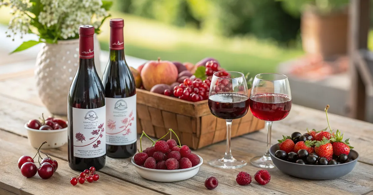 Assorted bottles and glasses of light and fruity red wines with fresh fruits on a wooden table.