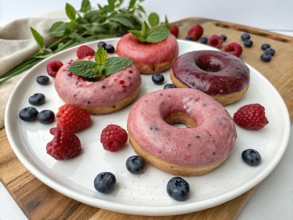 Vegan protein donuts with fresh berries.