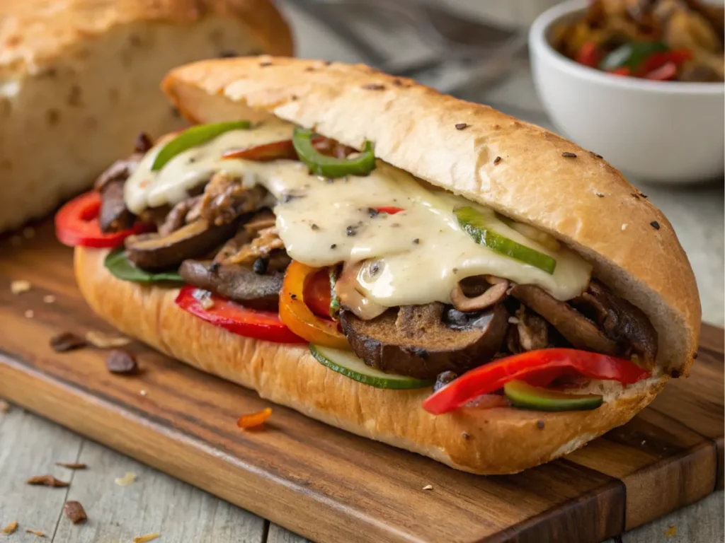 Vegetarian Philly cheesesteak with mushrooms, cheese, and vegetables.