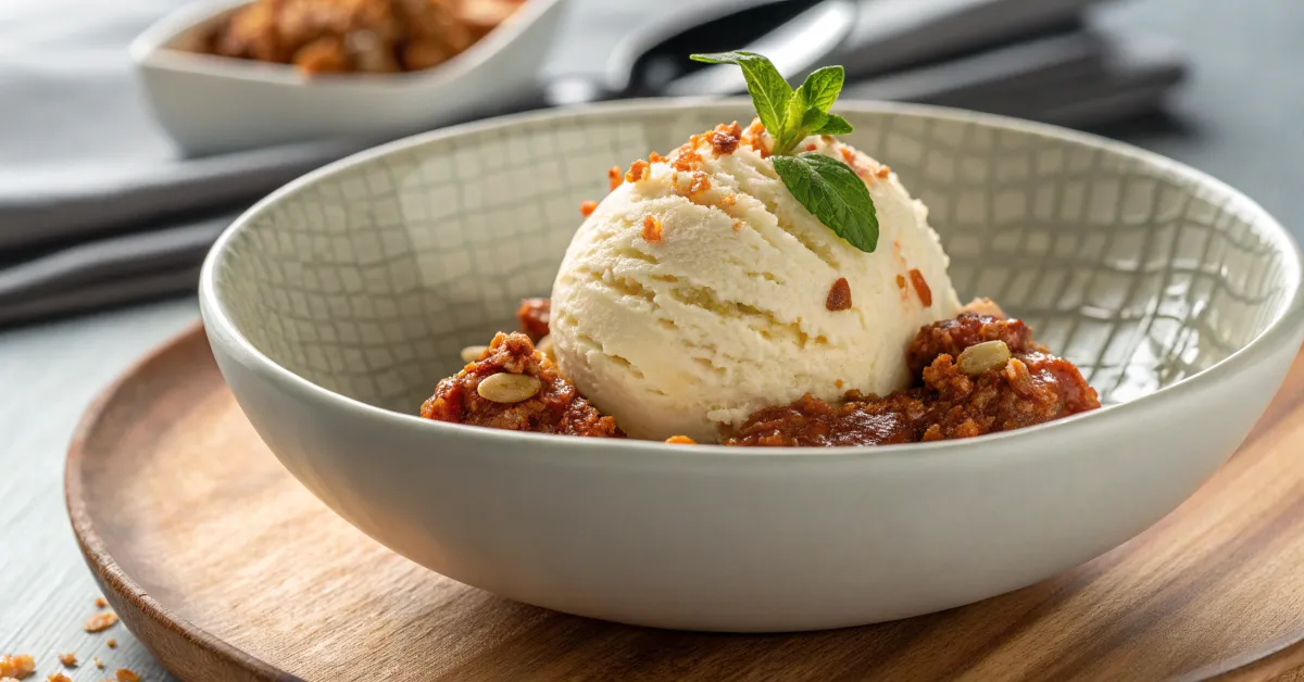 Close-up of Bolognese ice cream in a ceramic bowl with garnishes