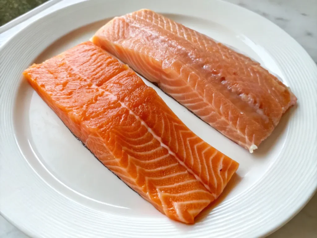 A side-by-side comparison of wild and farmed salmon fillets showcasing differences in texture and color.