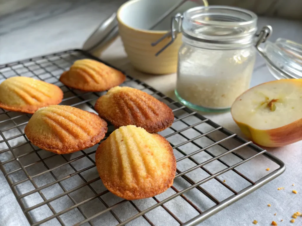 Freshly baked madeleines cooling on a wire rack, with an airtight container and a slice of apple for moisture retention.