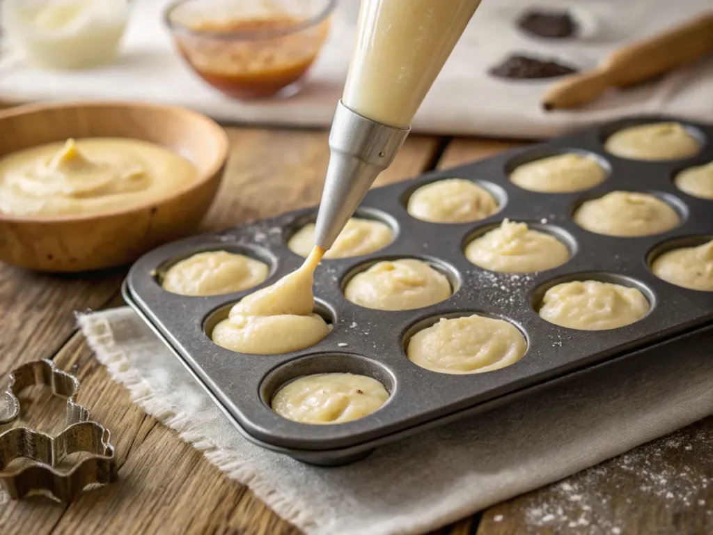 Madeleine batter piped into a shell-shaped mold, ready for chilling before baking.