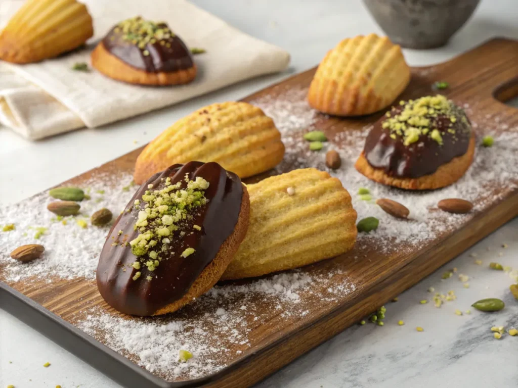 A plate of madeleines dipped in chocolate, garnished with crushed pistachios and almonds, dusted with powdered sugar.