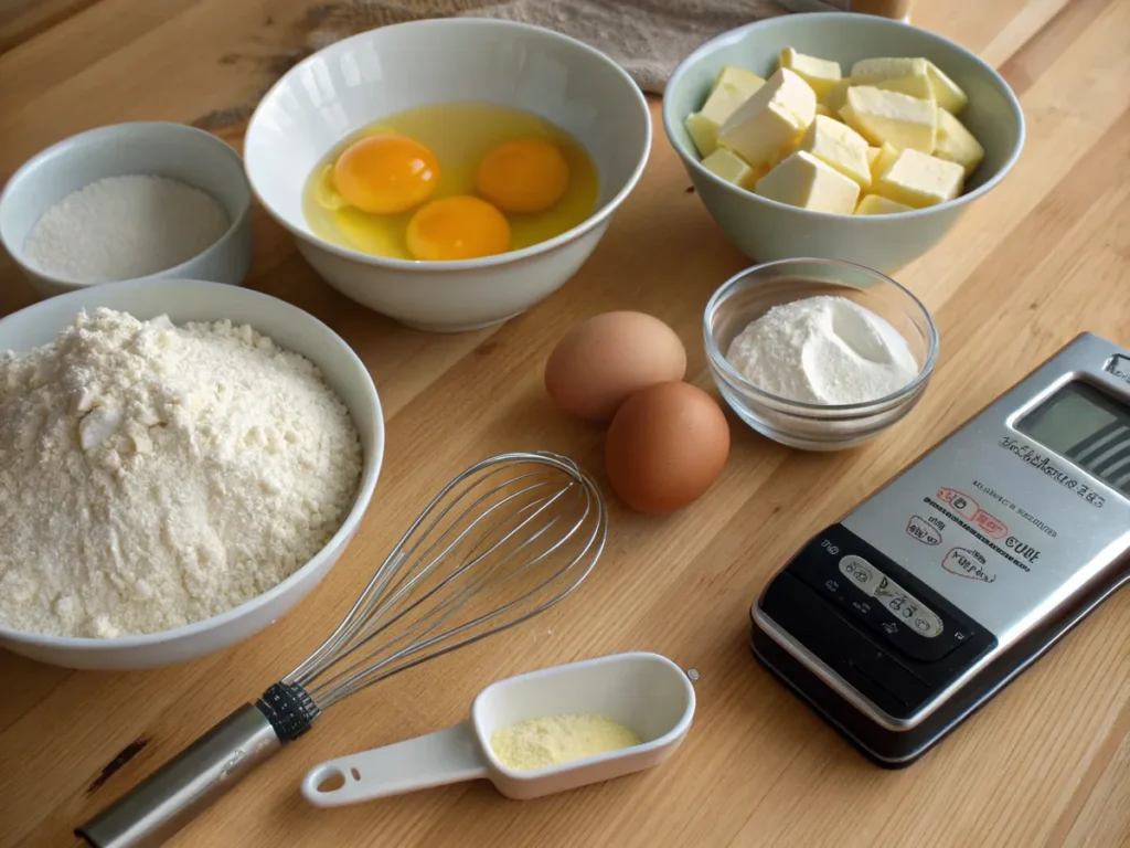 A top-down view of ingredients for making moist madeleines, including flour, butter, sugar, and eggs.