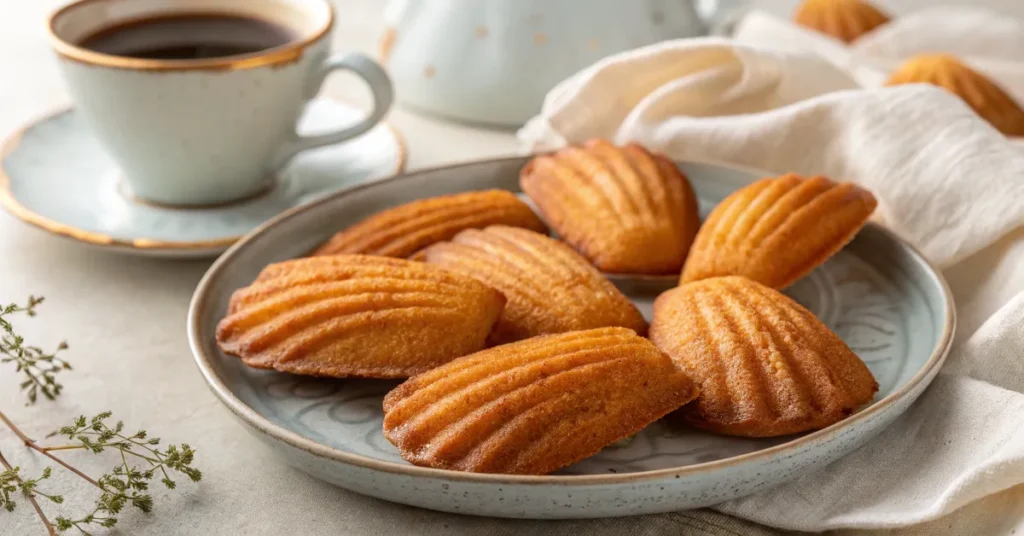 A close-up of golden-brown madeleines arranged on a ceramic plate, with a cup of coffee in the background.