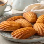 A close-up of golden-brown madeleines arranged on a ceramic plate, with a cup of coffee in the background.