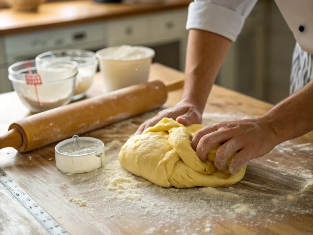 Hands kneading soft brioche dough on a floured wooden surface.