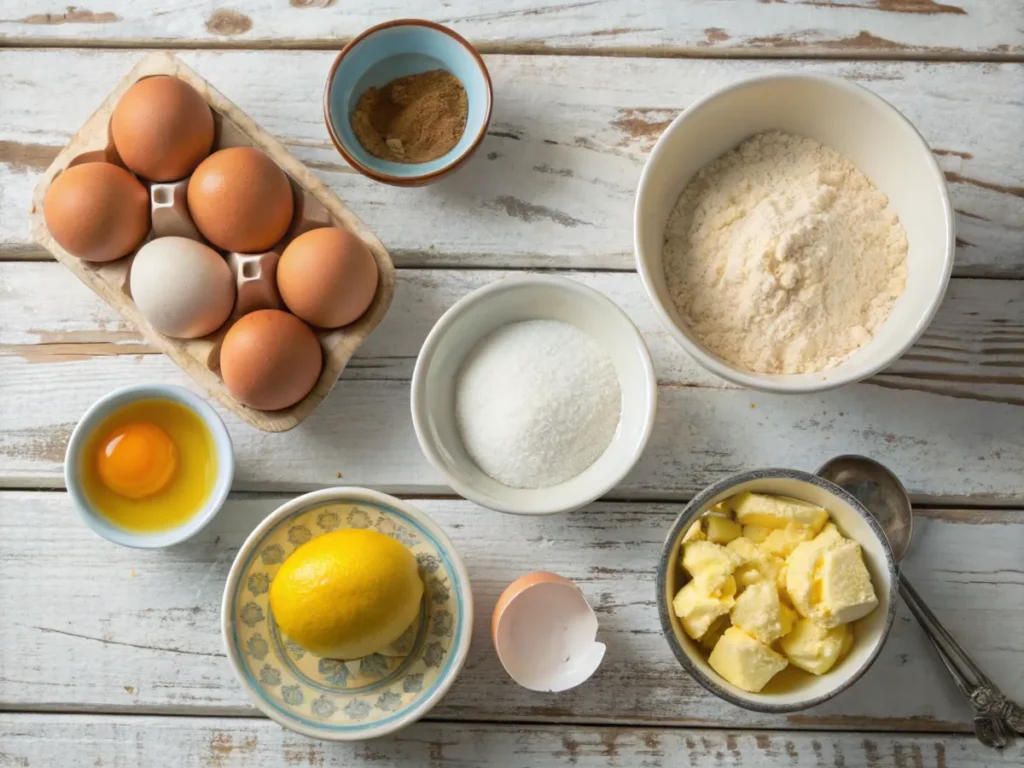 A flat-lay shot of all the ingredients needed for madeleine cookies, including flour, butter, eggs, and sugar.