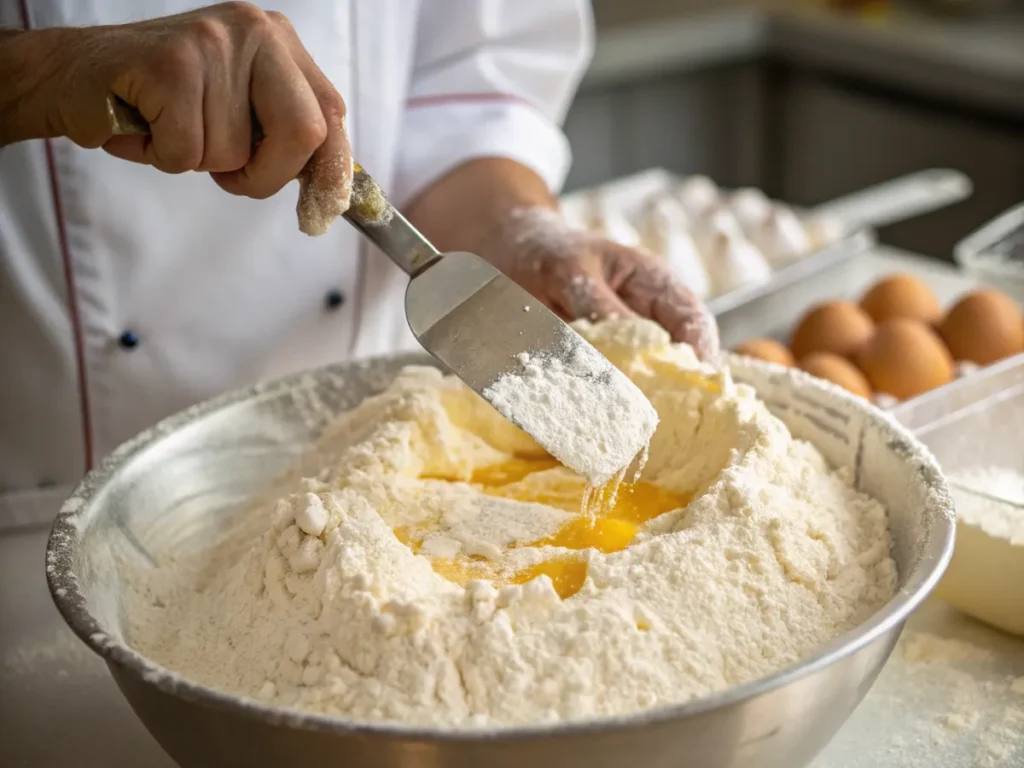 A close-up of a baker folding ingredients to create a light and fluffy madeleine batter.