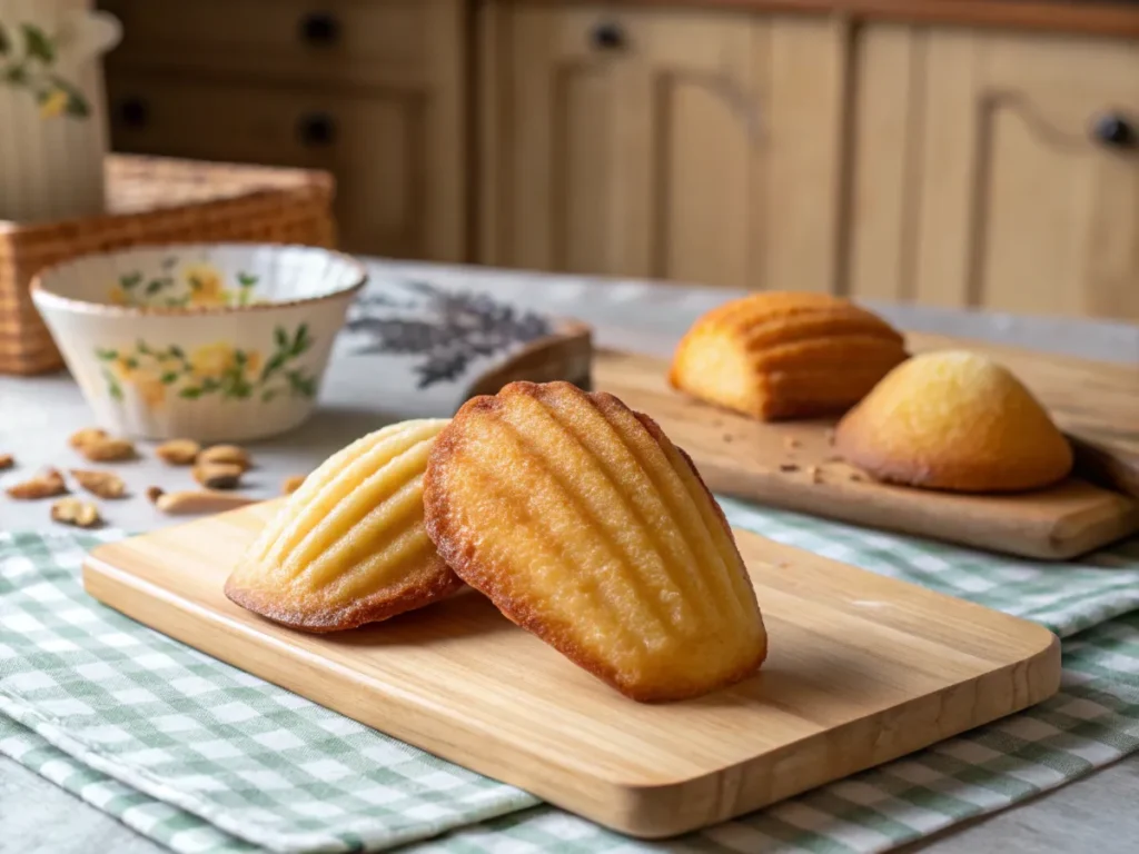 A side-by-side comparison of two madeleines—one with a signature hump and one without—showcasing the effect of proper chilling.