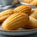 A close-up of freshly baked golden madeleines arranged on a ceramic plate, showcasing their delicate texture.