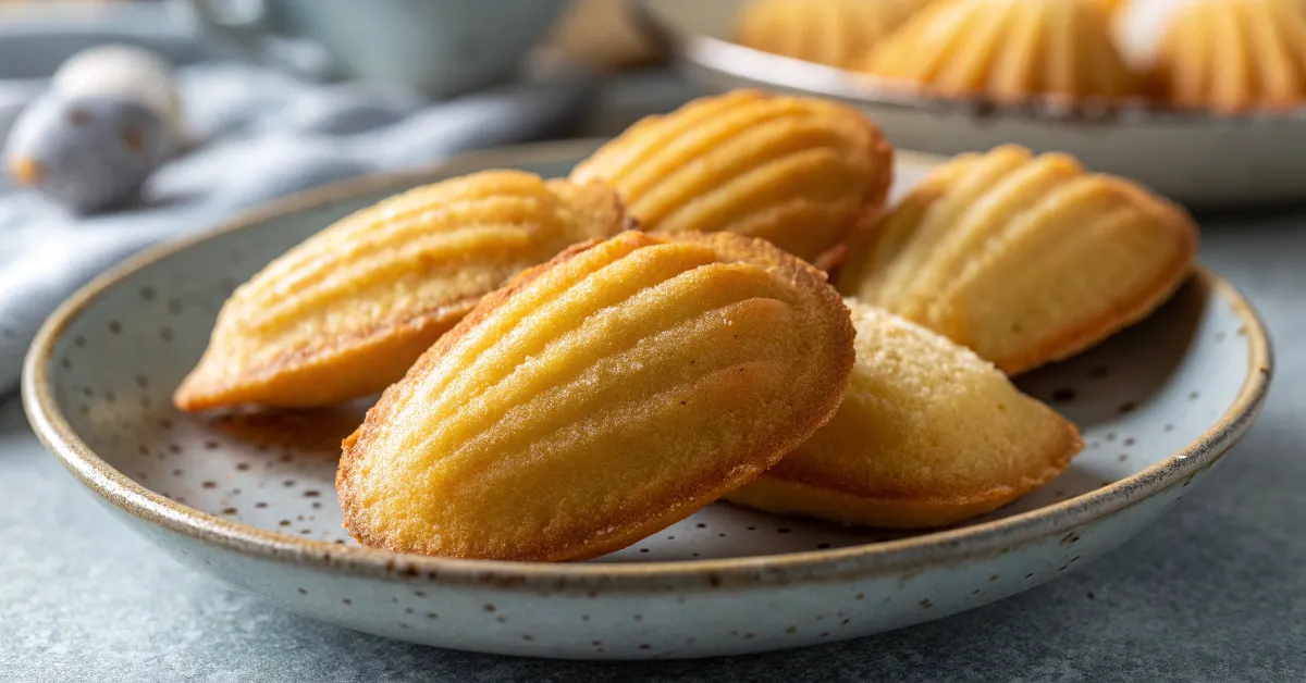 A close-up of freshly baked golden madeleines arranged on a ceramic plate, showcasing their delicate texture.