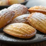 A plate of freshly baked golden-brown madeleine cookies dusted with powdered sugar.