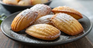 A plate of freshly baked golden-brown madeleine cookies dusted with powdered sugar.