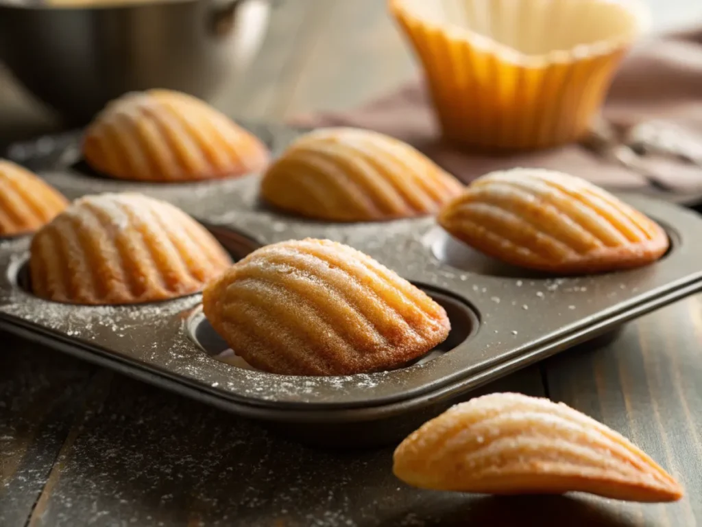 Close-up of madeleines cooling in their shell-shaped molds, highlighting their distinct ridged texture.