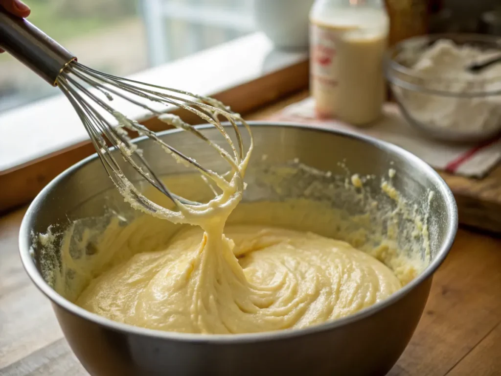 A whisk lifting thick, airy madeleine batter from a mixing bowl, showing a smooth, pale yellow texture.